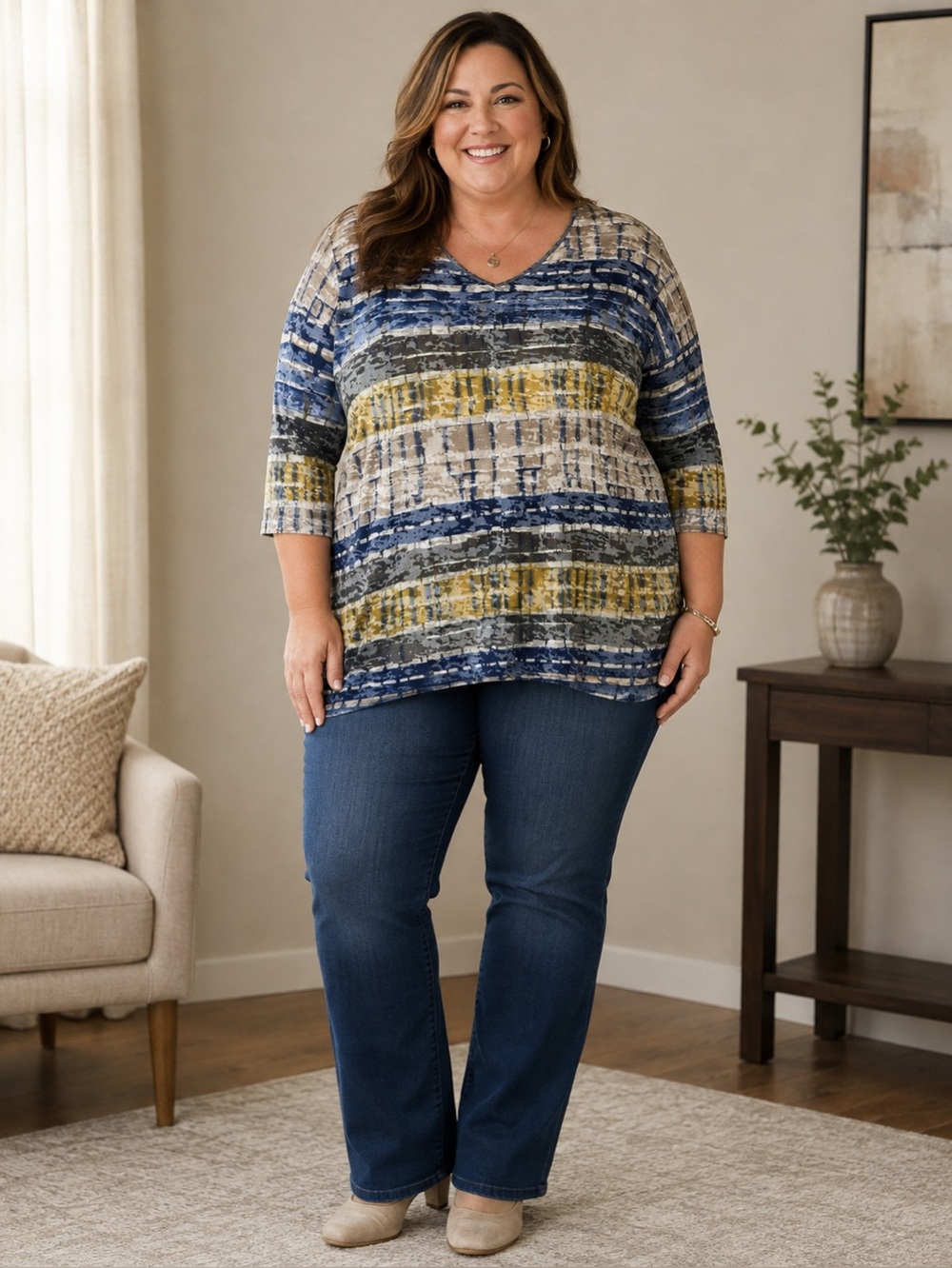 Coldwater Creek Women's Blue Yellow Gray Long Sleeve Top